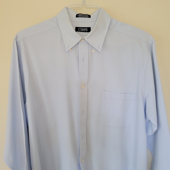 Bundle 2 Mens 16-16 1/2 Chaps Button Down Dress Shirts Beige and Blue Stripe - Picture 6 of 7